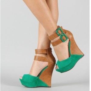 Lilliana wedges teal and tan strappy heel